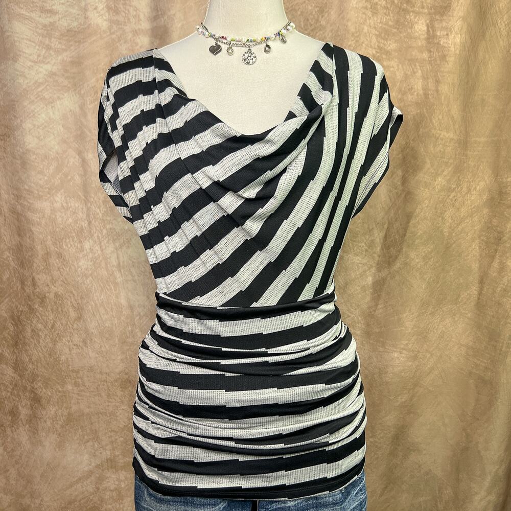 Y2K Dolman Sleeve Top Striped Ruched Waist Cowl Neck Black White Indie Sleaze
